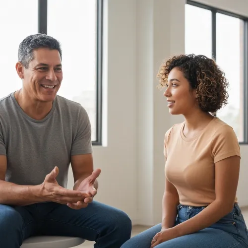 Couple engaged in active listening during communication coaching