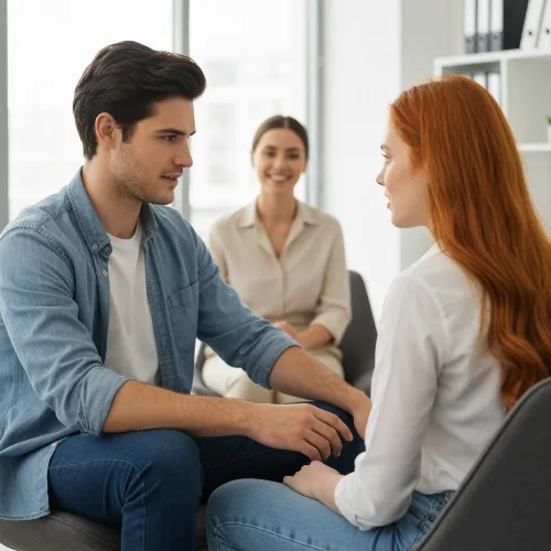 Couple resolving conflict with a therapist present